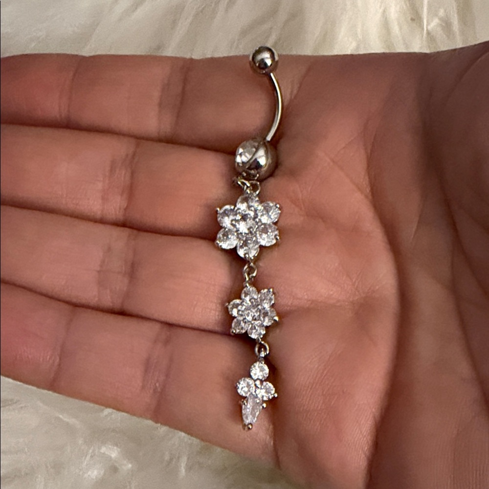 Elegant Silver Floral Dangle Belly Ring